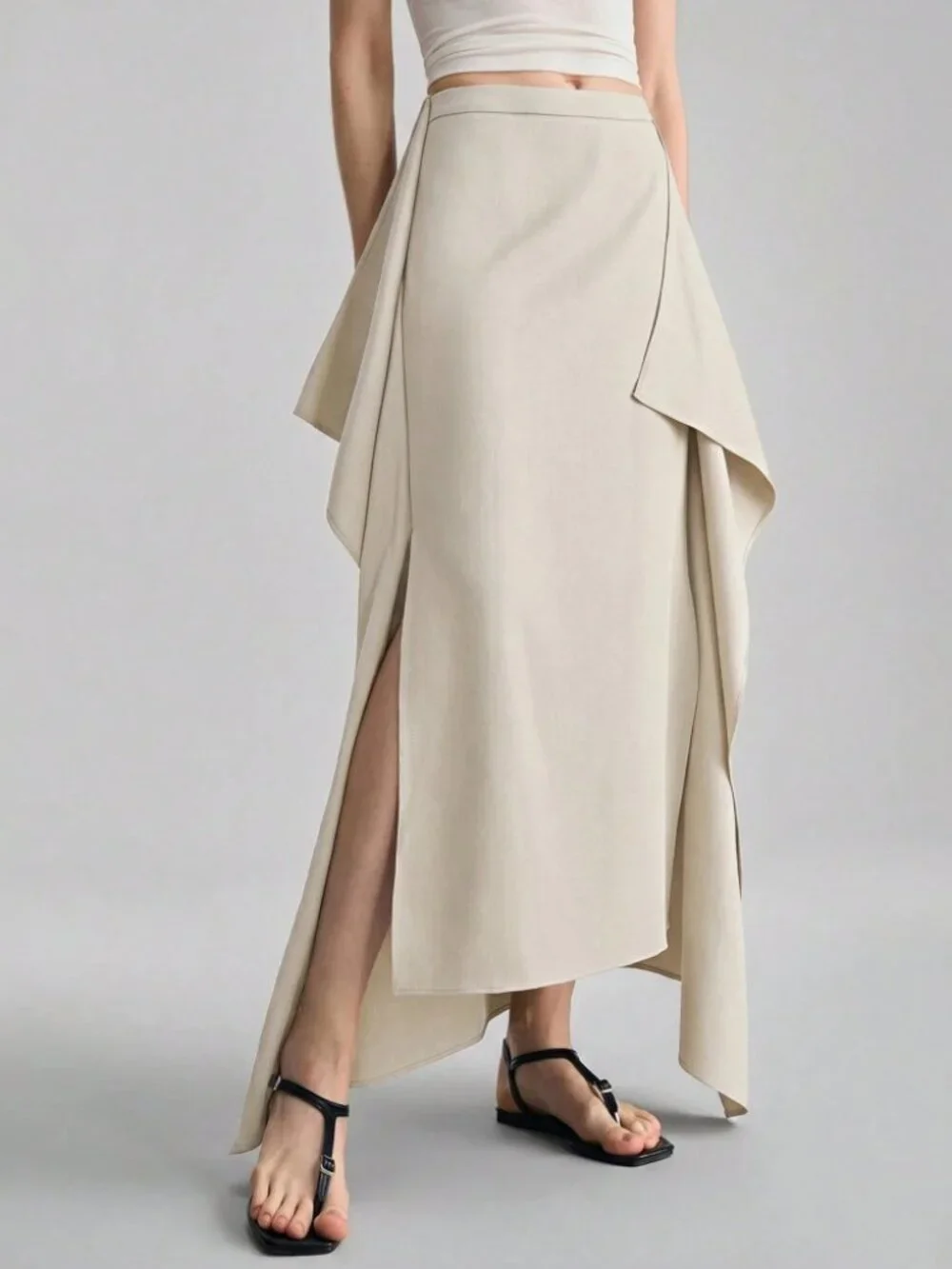 Cream Draped Asymmetric High-Slit Maxi Skirt
